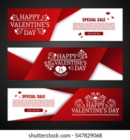 Set template design Happy valentine's day horizontal banner. Flyer with red color tape and special valentine's sale text. Romantic horizontal banner  with heart decoration. Love day offer. Vector.