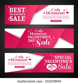 Set template design Happy valentine's day horizontal banner. Flyer with pink color tape and special valentine's sale text. Romantic horizontal banner  with heart and swirl decoration.  Vector.