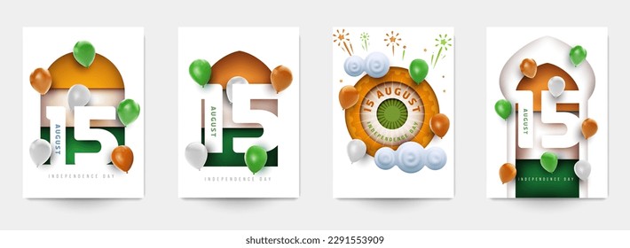 Establecer diseño de plantilla para el día de la independencia de la India. Colección de la composición creativa del festival en un estilo moderno minimalista 3d. Diseño de concepto de vacaciones para tarjeta, portada, afiche, banner, volante. Ilustración vectorial.