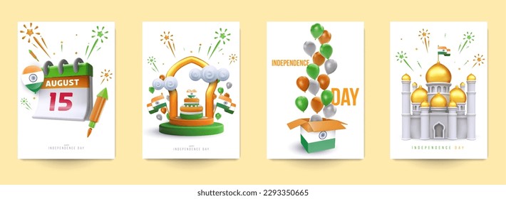 Establecer diseño de plantilla para el día de la independencia de la India. Colección de la composición creativa del festival en un estilo moderno minimalista 3d. Diseño de concepto de vacaciones para tarjeta, portada, afiche, banner, volante. Ilustración vectorial.