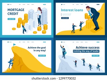 Set Template design, Isometric concept mortgage loan, Interest loans, achieving goal, climbing to the top.