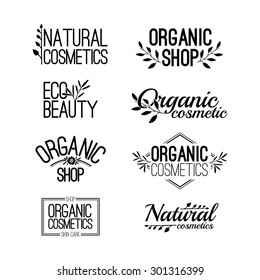 Set of template for design logos, stamps, stickers for organic and natural cosmetics. Floral elements and text. Black color. Vector.