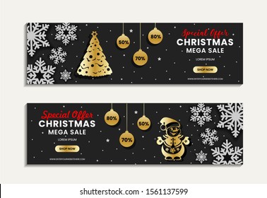 Set template design Merry Christmas horizontal banner. Flyer with different color tape and Happy holiday text. Horizontal banner for new year sale with snow decoration. Christmas offer. Vector.