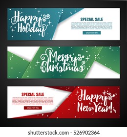 Set template design Merry Christmas horizontal banner. Flyer with different color tape  and Happy holiday text. Horizontal banner for new year sale with snow decoration. Christmas offer. Vector.