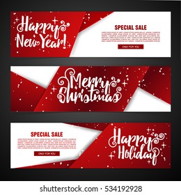 Set template design Merry Christmas horizontal banner. Flyer with red tape background and Happy holiday text. Banner for new year sale. Christmas offer. Vector.