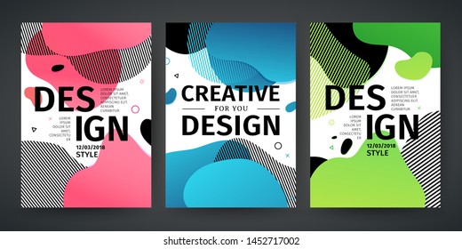 Set of template design of modern cover with a backdrop of an abstract gradient color geometric elements. Layout for flyer, party poster or brochure. Abstract background flowing liquid shapes. Vector