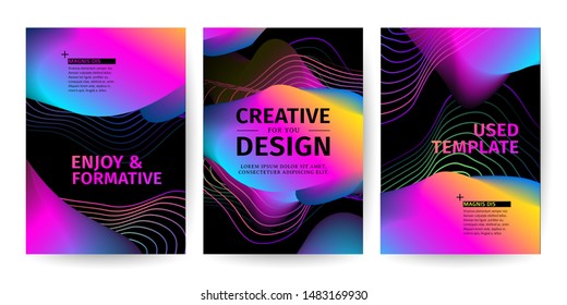 Set of template design of modern cover with a backdrop abstract bright neon color gradient elements. Layout for flyer, party poster or brochure. Abstract background flowing liquid shapes. Vector.