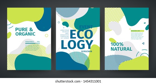 Set of template design of modern ecology cover with a backdrop of an abstract green color geometric form. Layout for organic style flyer or brochure. Abstract background flowing liquid shapes. Vector.