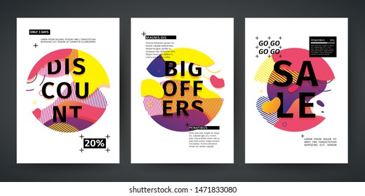 Set template design of sale and offer banner.  Abstract modern  graphic circle elements. Flyer with dynamical gradient color around forms and line. Cover with background flowing liquid shapes. Vector.