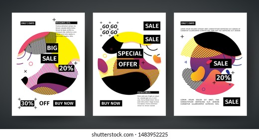Set template design of sale and offer banner.  Abstract modern  graphic circle elements. Flyer with dynamical gradient color around forms and line. Cover with background flowing liquid shapes. Vector