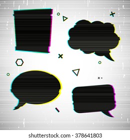 Set template design stickers, web banners, sign, tags, bubble, shapes chat with the effect of glitch. Bubbles with the decor of noise, glitch on the texture background. Vector.
