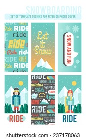 Set of template designs for flyer or phone cover. Cute flat style. Snowboarding and winter time.