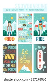 Set of template designs for flyer or phone cover. Cute flat style. Snowboarding and winter time.