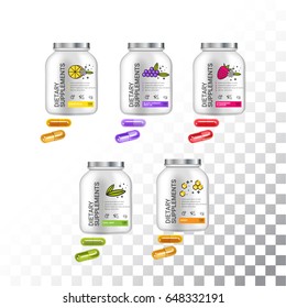 Set of Template dietary nutrition containers. Plastic Jars and capsules pills. Vector Illustration isolated objects