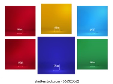 Set of Template for display or montage of product. Empty red, blue, yellow and green colors studio room background. Business backdrop. Material design concept. Vector illustration