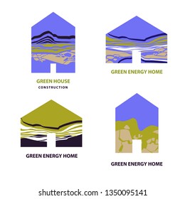 Set template Eco Village, House logo design with freehand drawn abstract background. Image logotype for real estate agency with bio house. Concept eco material for building business. 