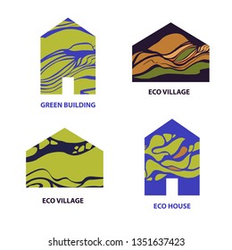 Set template Eco Village, House logo design with freehand drawn abstract background. Image logotype for real estate agency with bio house. Concept eco material for building business. 