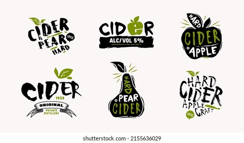 Set of template emblem for hard cider. Apple and pear flavor. Typographic in grunge handwritten style. Vector illustration