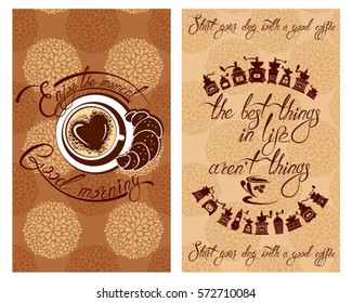Set of Template Flayer or Menu design for coffeehouse. Background with cup of coffee and croissant for restaurant or cafe. Hand written calligraphic text Enjoy the moment, Good morning, etc.