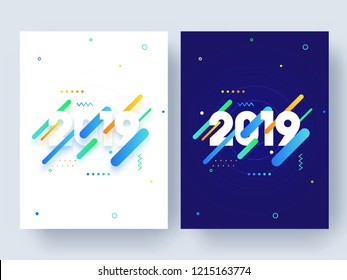 Conjunto de diseño de plantilla o volante con texto 2019 sobre el fondo abstracto para la celebración de Año Nuevo Feliz.