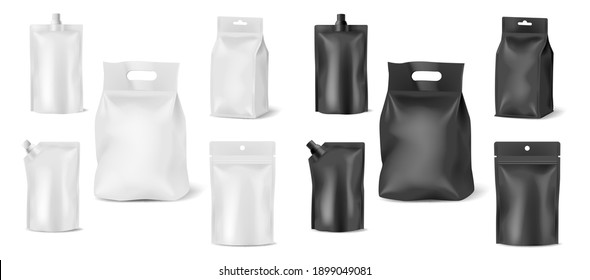 Set of template food packages, doy packs, stand up bags and zip pouches isolated on white background. 3d blank mockup sachets plastic or paper editable for branding. Vector illustration