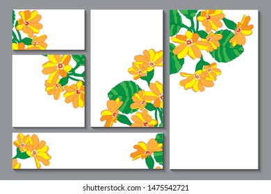 Set Template frame. Floral background border, card, greeting card, invitation, label, banner,  flowering branch primula vector illustration