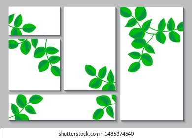 Set Template frame. Floral background border, card, greeting card, invitation, label, banner,  spring green  branch leaves vector illustration