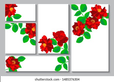 Set Template frame. Floral background border, card, greeting card, invitation, label, banner,  spring flowering branch red roses vector illustration