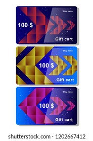 Set Template of gift card with polygonal abstract elements and arrows against the starry sky. Vector Illustration