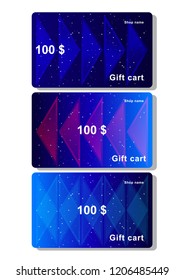 Set Template of gift card with polygonal abstract elements and arrows against the starry sky. Vector Illustration