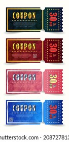 Set of template gift cards. Isolated vintage vector discount vouchers with promo code and offer up to 30 percent off. Retro coupons with text sale promotion for business, online shopping, marketing.
