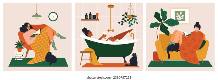 Set template with girl sitting and resting on the couch with a book, a cat and vine. Daily life and everyday routine scene by young woman in scandinavian style cozy. Cartoon vector illustration.