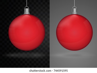 Set template of glass color Christmas balls. Stocking element christmas decorations. Vector object for design. Shiny toy with silver glow. Vector illustration on a transparent background.