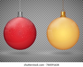 Set template of glass color Christmas balls. Stocking element christmas decorations. Vector object for design. Shiny toy with silver glow. Vector illustration on a transparent background.