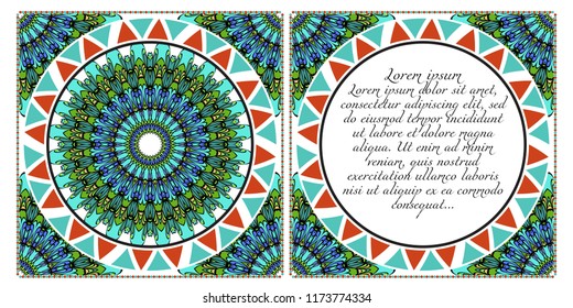 Set of Template greeting card, invitation with space for text. Mandala design. Vector illustration