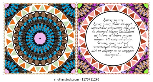 Set of Template greeting card, invitation with space for text. Mandala design. Vector illustration