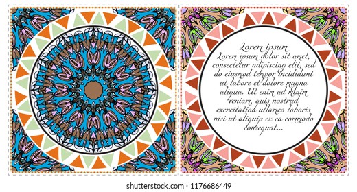 Set of Template greeting card, invitation with space for text. Mandala design. Vector illustration