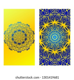 Set Of Template Greeting Card, Invitation With Space For Text. Mandala Design. Vector Illustration. Yellow blue color.