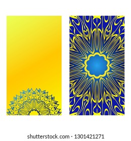 Set Of Template Greeting Card, Invitation With Space For Text. Mandala Design. Vector Illustration. Yellow blue color.