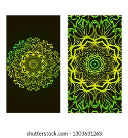 Set Of Template Greeting Card, Invitation With Space For Text. Mandala Design. Vector Illustration. Black green color.