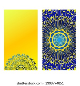Set Of Template Greeting Card, Invitation With Space For Text. Mandala Design. Vector Illustration. Yellow blue color.