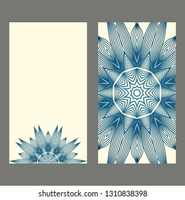 Set Of Template Greeting Card, Invitation With Space For Text. Mandala Design. Vector Illustration. Pastel blue color.