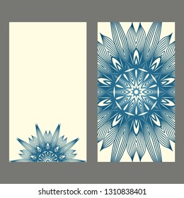 Set Of Template Greeting Card, Invitation With Space For Text. Mandala Design. Vector Illustration. Pastel blue color.