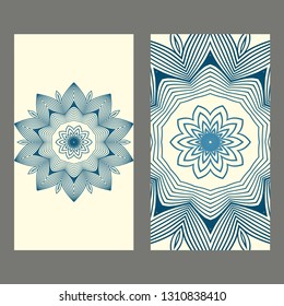 Set Of Template Greeting Card, Invitation With Space For Text. Mandala Design. Vector Illustration. Pastel blue color.