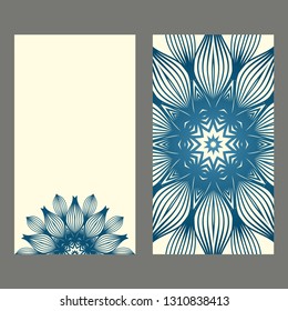 Set Of Template Greeting Card, Invitation With Space For Text. Mandala Design. Vector Illustration. Pastel blue color.