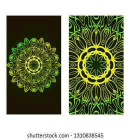 Set Of Template Greeting Card, Invitation With Space For Text. Mandala Design. Vector Illustration. Black green color.