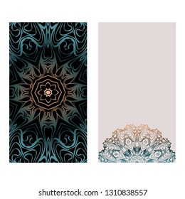 Set Of Template Greeting Card, Invitation With Space For Text. Mandala Design. Vector Illustration. Fantasy color.