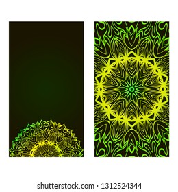Set Of Template Greeting Card, Invitation With Space For Text. Mandala Design. Vector Illustration. Black green color.