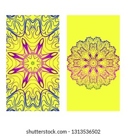 Set Of Template Greeting Card, Invitation With Space For Text. Mandala Design. Vector Illustration. Rainbow color.