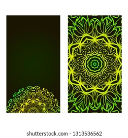 Set Of Template Greeting Card, Invitation With Space For Text. Mandala Design. Vector Illustration. Black green color.